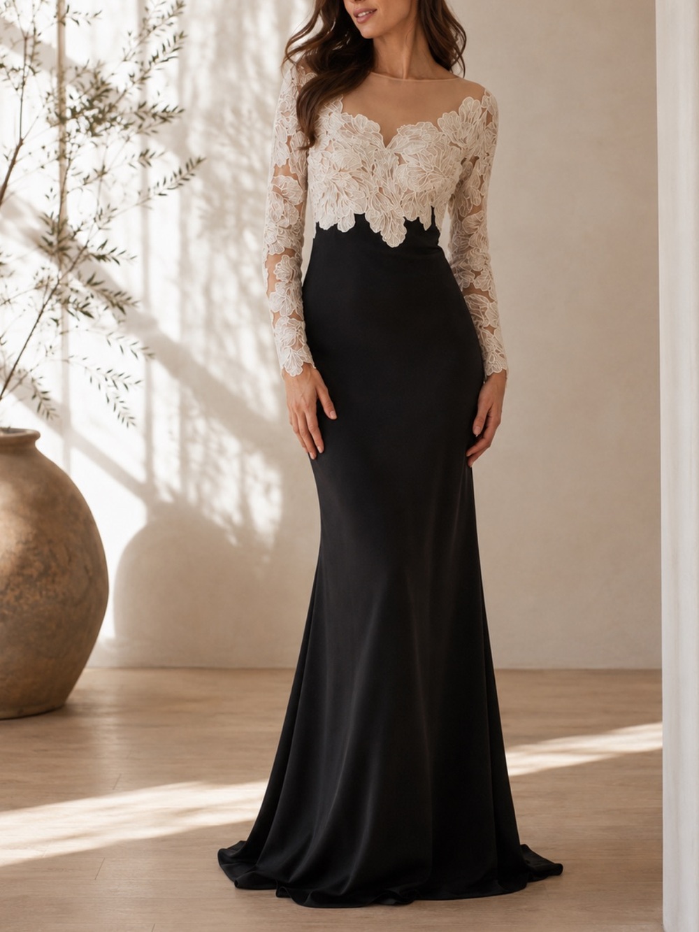 Tadashi Shoji Golie Illusion mermaid Gown Floral Lace Bodice Mixed Media Dress